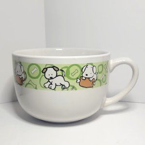 OVERSIZED WHITE COFFEE MUG WITH GREEN STIPE RIM AND PUPPY DOGS